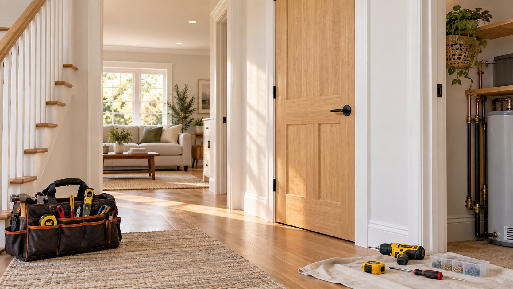 AI concept of home maintenance tools beside a new interior door